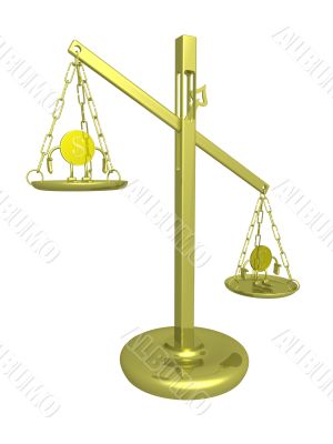 Dollar and euro on weights. 3D image.