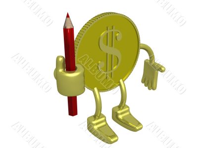 Gold dollar a holding pencil. 3D image.