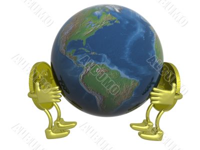 Dollar and euro holding the globe. 3D image.