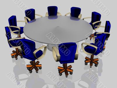 Ten armchairs behind a round glass table