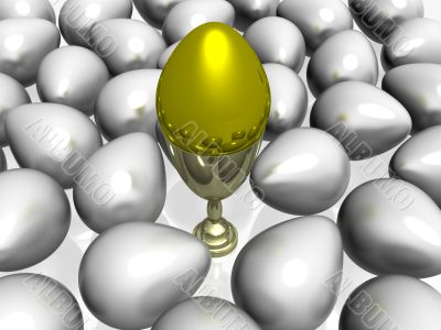 Gold egg in a bowl on a background of other eggs