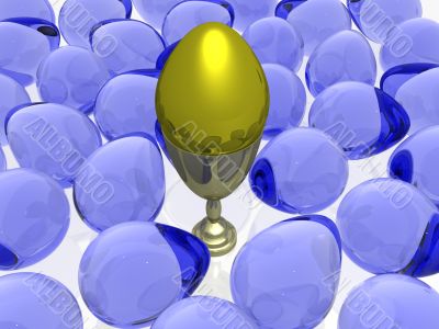 Gold egg in a bowl on a background of other eggs