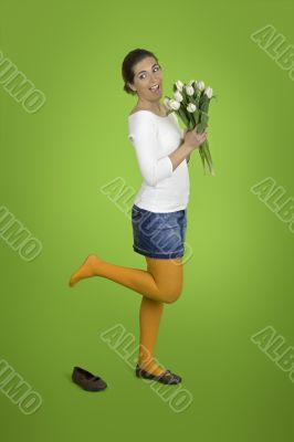 Happy girl with tulips