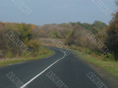 Autumn road with deep blue sky