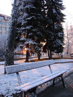 Snowy winter town square cityscape