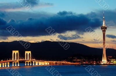 Evening of Macau tower convention and bridges