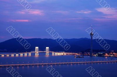 Night view of Macau tower convention and bridges