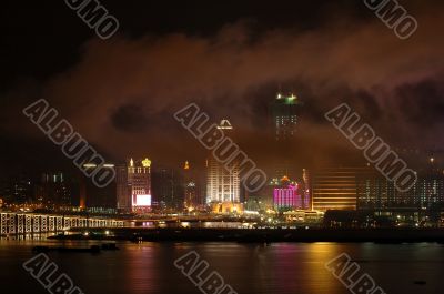 Modern buildings under mist