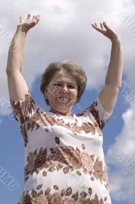 woman with hand up