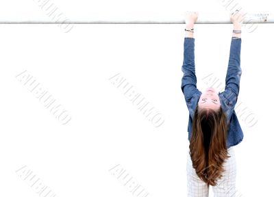 casual female looking upside down