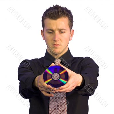 business man holding CD