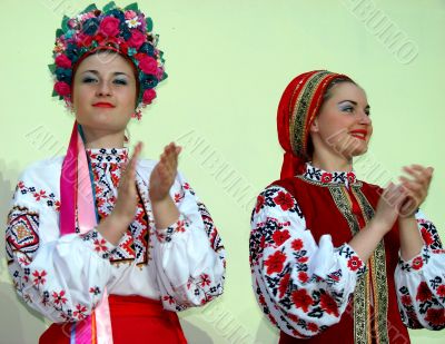 ukrainian girls in colorful national folk costumes
