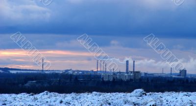 Sunset cloudy industrial landscape