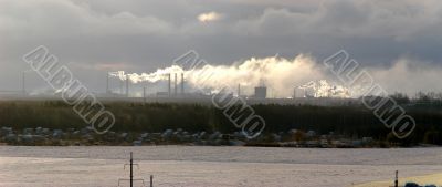 Sunset cloudy industrial landscape