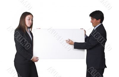 business partners holding white card