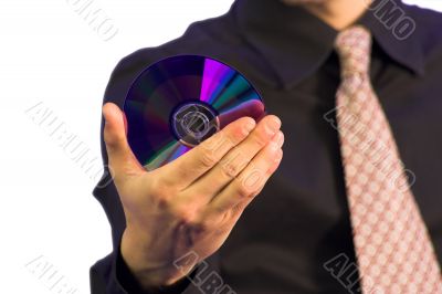 business man holding cd
