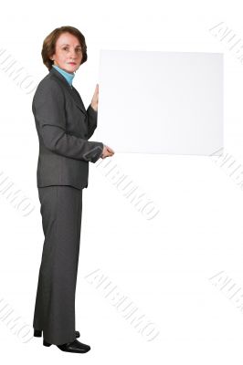 business woman holding a banner