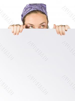 casual woman holding a white card
