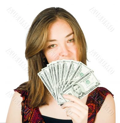 beautiful woman with dollars on her hand