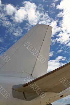 Airplane detail on cloudy sky