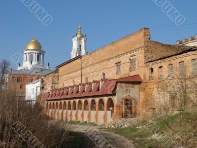 Cathedral red brick wall under deep blue sky