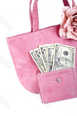 Pink handbag with money on white background