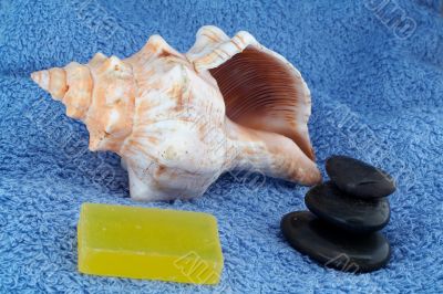 Bath accessories on blue background