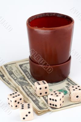 Dices and leather thrower with money