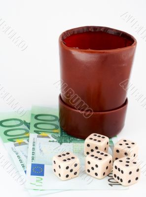 Dices and leather thrower with money
