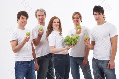 five people - many green apples