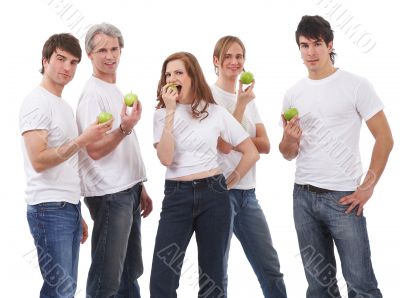 five people - five green apples