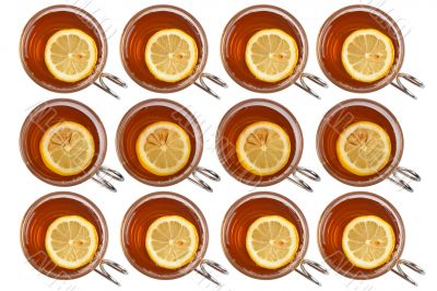 Glass cups of tea background