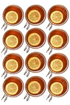 Glass cups of tea background