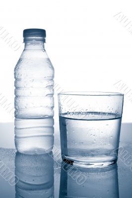 Bottle and glass of mineral water with droplets