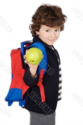 adorable boy student with knapsack and apple