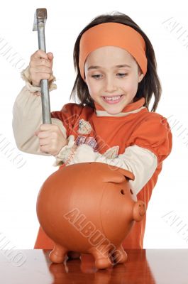 adorable girl breaking the money box