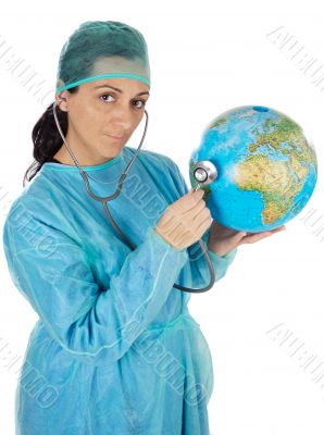 doctor examining the planet earth