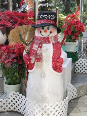 Snowman with hat, poinsettia background