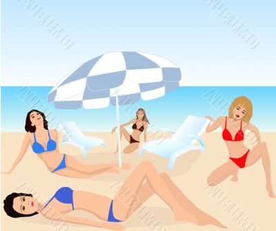 Attractive girls on exotic beach - vector
