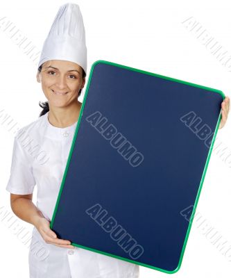 happy attractive cook woman whit slate
