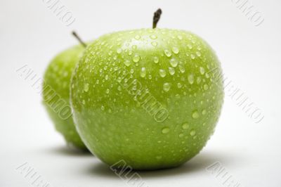 Two Green Apples w/ Raindrops - Side View