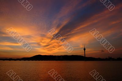 Evening of Macau tower convention and bridges