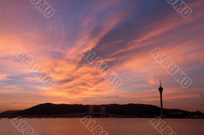 Evening of Macau tower convention and bridges