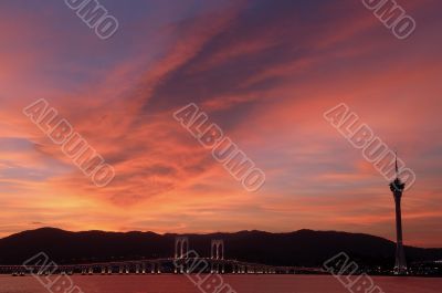 Evening of Macau tower convention and bridges