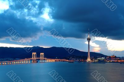 Evening of Macau tower convention and bridges