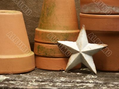 vintage metal star with mossy flowerpots