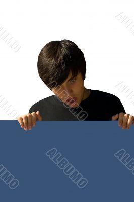 Young salesman, white advert