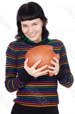 casual girl with money box
