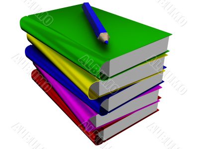 Pile of books and pencil. 3D the isolated image.