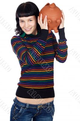 casual girl with money box